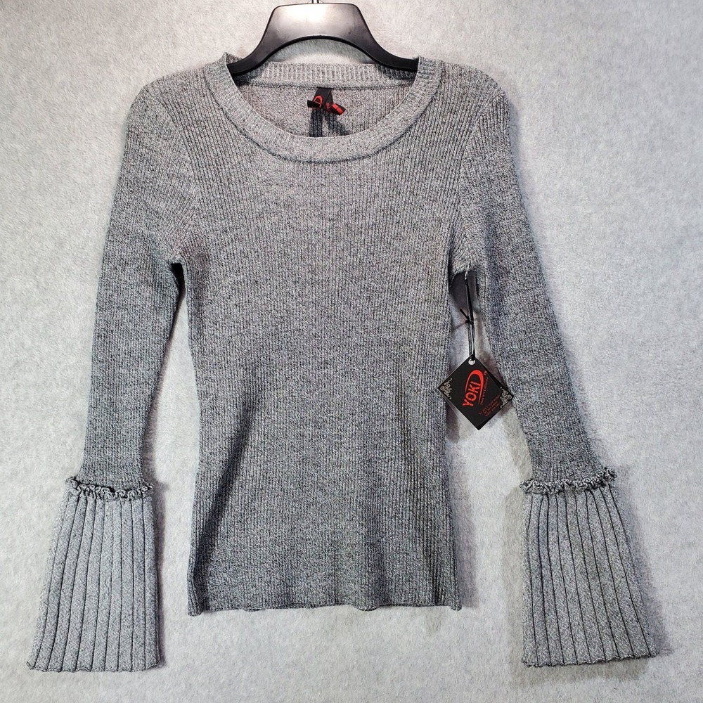 NWT YOKI Bell Sleeve Sweater Women's Pullover Gray Long Sleeve‎ Fan Cuff Top